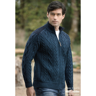 Men's Aran Full Zip and Patch Shoulder Detail Cardigan